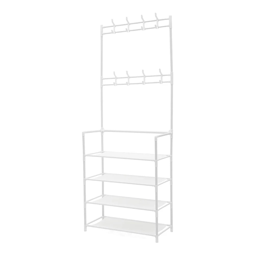 LIVING-HOME Entryway White Metal Frame Four Fabric Shelves Shoes-8 Coat Hooks Stands Storage Cabinets-Lockers /Dimensions: 60cm W x 28cm D x 158cm H