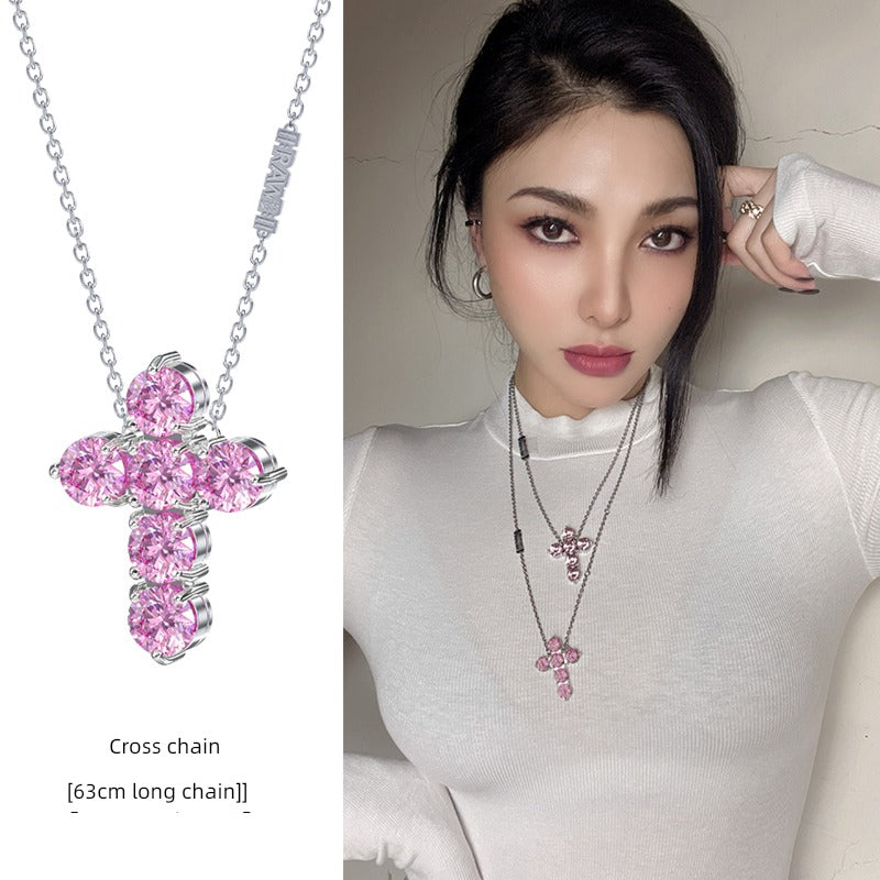 RAWNESS Unisex Couple's Fine Imitation Titanium Steel Metal Gold-Plated BIG Inlaid Artificial Gemstones Multicolor-Clear White Shiny Diamond-Like Moissanite Stones Cross Pendant Chain Hip Hop Necklaces/Colors-Gold/Sliver/Pink/Blue/Clear/White