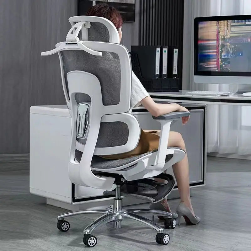 NULL Modern Ergonomic Gray-White-Black Full Mesh Movable Headrest-Backrest-Seat Adjustable Aluminum Metal Feet Four Plastic Black Wheels Rotatable  Liftable Reclining Low 3D Lumbar Support Footrest Gaming Computer Office Chairs