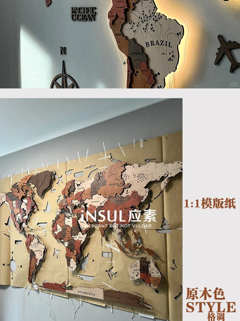 World Light Emitting Map Solid Wood Stereoscopic Wall Decoration/Colors-Brown/Blue/Beige/Black
