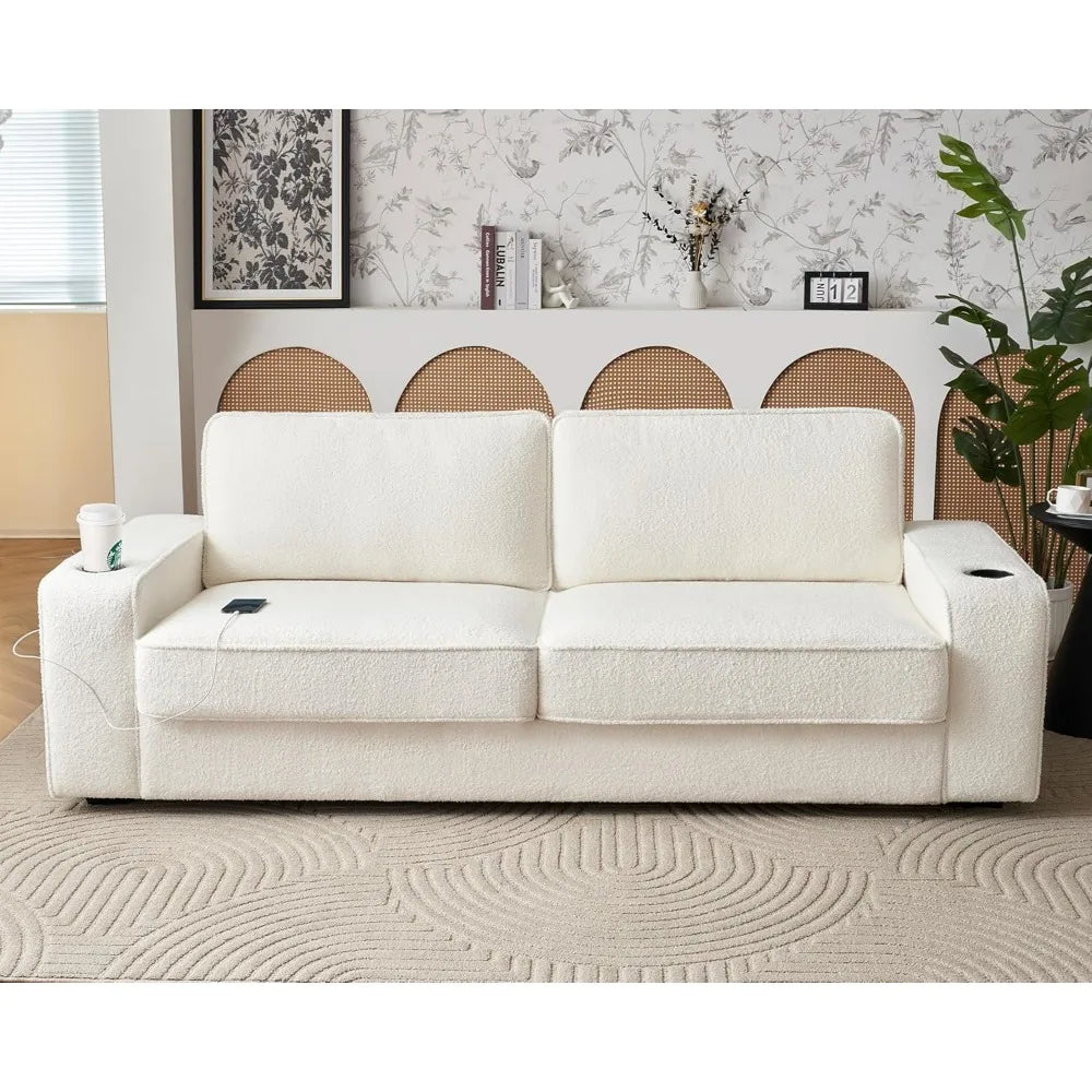 NULL Modern Large Upholstered Off White Soft Plush Breathable Boucle Fabric Deep Three-Seater Reinforced Wood Base Built-In Cupholders Sectional Sofas/Quick-Charging USB Ports/89 Inch Wide Armrest Storage/850 LBS  Weight Capacity