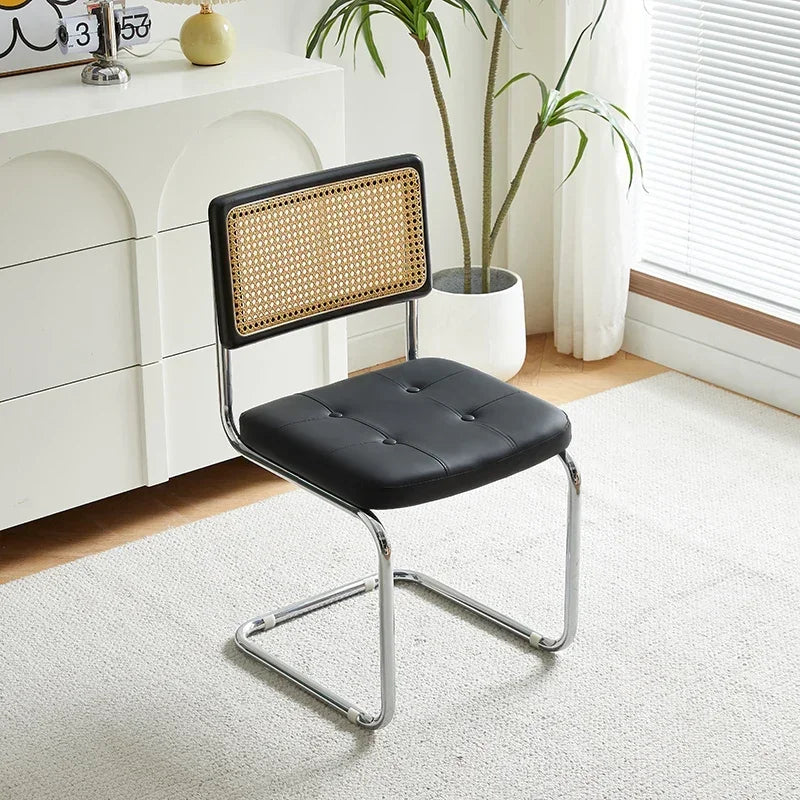 No-EN-Name-Null Nordic Armless Woven Rattan Brown Solid Wood Beige Meshed Hard Backrest-Faux Leather Seat Cushion Silver Stainless Steel Metal Frame-Legs Kitchen-Dining Room Chairs/Colors-Brown/Green/Black/Gray/Orange