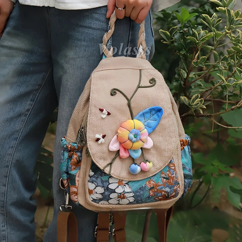MOTAORA Women Large Handmade Waterproof Multicolor Canvas Fabric Floral Bohemian Design Anti-Theft Two Shoulder Straps-Handle Built-In Single Compartment External Pockets Travel Backpacks/Colors-Beige/Multicolor