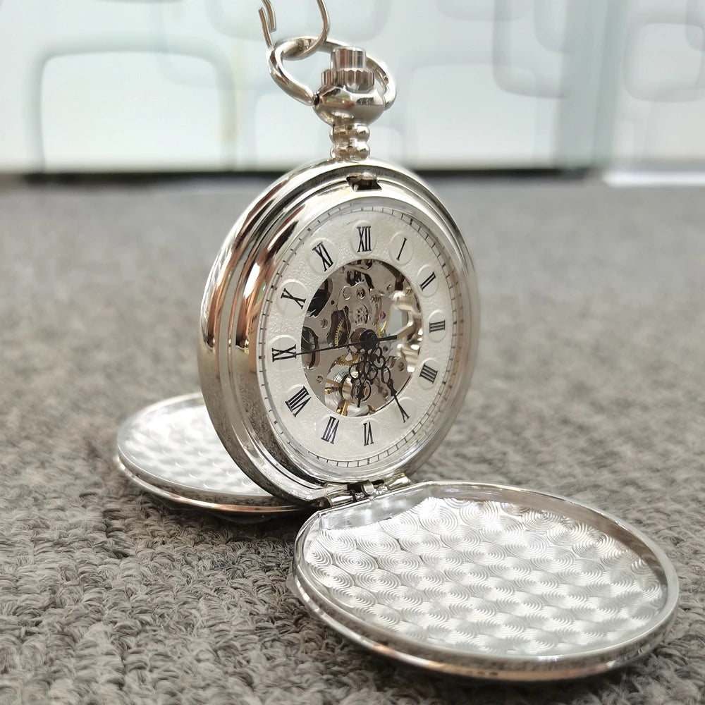 OHSEN Men Quartz Analog Display Acrylic Face Roman Numeral Stainless Steel Metal Round Case Double-Sided Skeleton Dial Transparent Back Cover Steampunk Mechanical Hand Wind Chain-Pocket Watches/Colors-Silver/Bronze/Gold/Black/Rose Gold