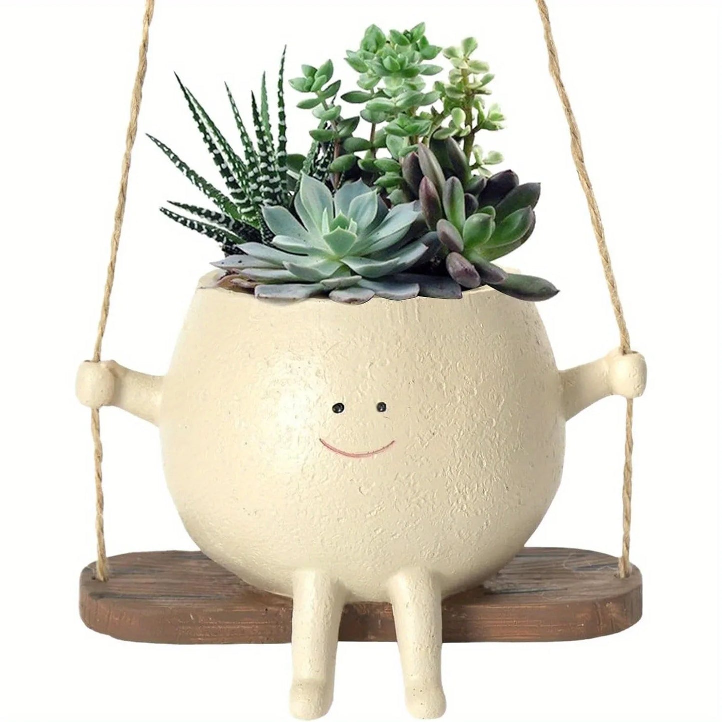 No-EN-Name-Null Round Beige Resin Smiling Face Succulent Suspended Striped Wood Swing Hanging Planters