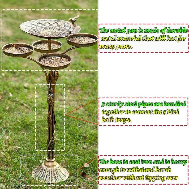 KIQUNE Outdoor Garden Deco Free-Standing Five-In One Antique Bronze Cast Iron Metal Trays-Small Round One Bird-Floral Leaves Base Bird Baths/Colors-Bronze/Gold/Geometric/Floral