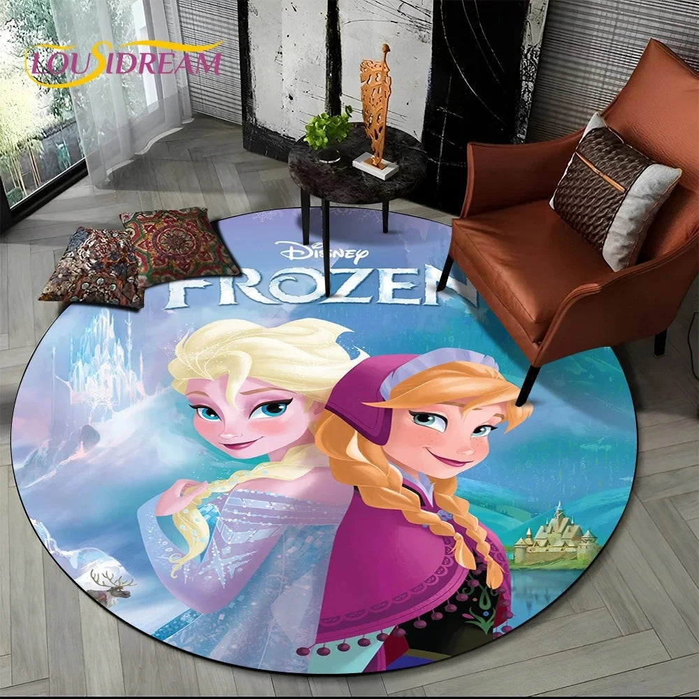 MINISO Indoor-Outdoor Kids Blue Background Round Shaped DISNEY'S Frozen II Movie Cartoon Anime Princess Elsa-Anna-Olaf Design Skid-Proof Bottom Polyester-Flannel Rugs/Colors-Blue/Red/Black/White
