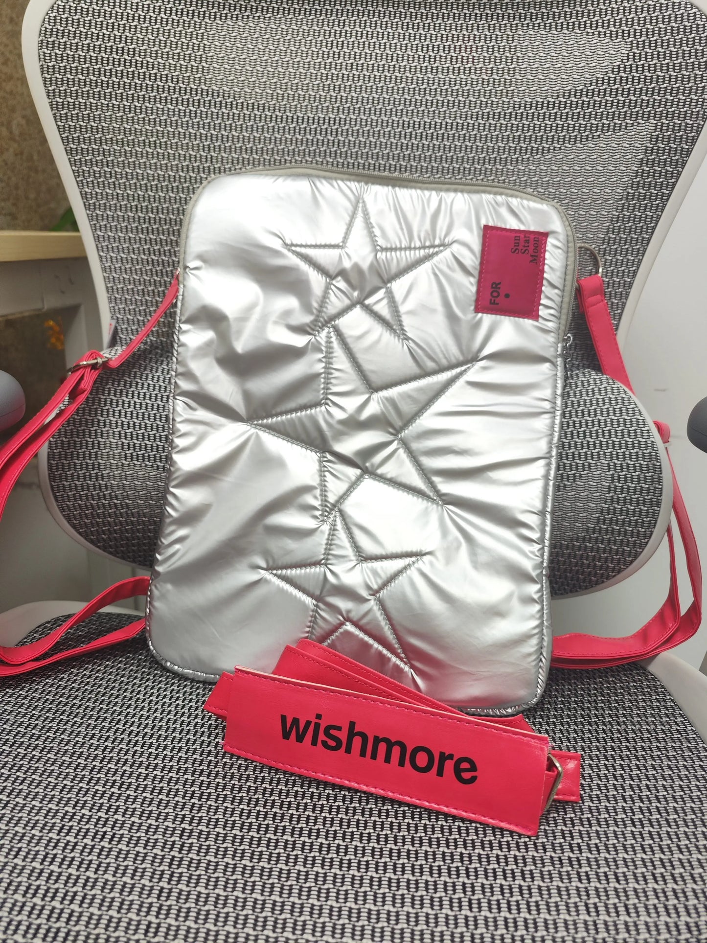 No-EN-Name-Null Modern Kids Waterproof Silver Rectangle Wish-More Single 14 Inch Laptop Compartment Zippered Polyester Lining  Cool Star Space Theme Design Crossbody Soft Adjustable Shoulder Pink Straps-Handles Laptop Backpacks