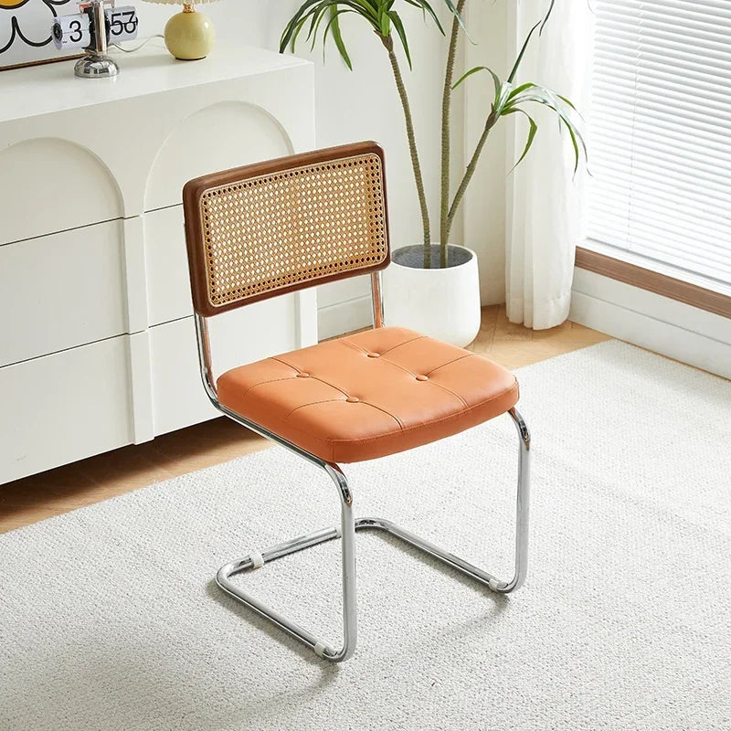 No-EN-Name-Null Nordic Armless Woven Rattan Brown Solid Wood Beige Meshed Hard Backrest-Faux Leather Seat Cushion Silver Stainless Steel Metal Frame-Legs Kitchen-Dining Room Chairs/Colors-Brown/Green/Black/Gray/Orange