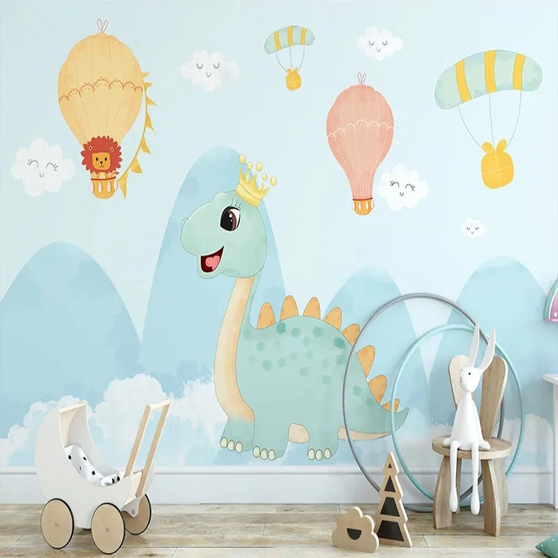 JIADOU Kids Modern Custom Waterproof Non-Toxic Non-Adhesive-Woven Printed 3D Fabric Mural Cute Cartoon Blue Dinosaur-Hot Air Balloon Textile Wallpapers/Requires Paste/Colors-Blue/Multicolor
