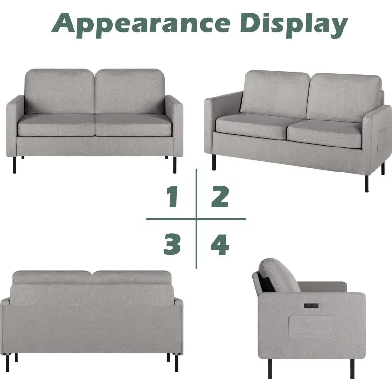 OLOEY Modern Small Two Persons Light Gray Soft Recycled Fine Linen Fabric Round Corners Design Solid Wood Frame Metal Legs Loveseat Sofas/ 2 USB Charging Ports/One-Pocket-Both Side Pockets