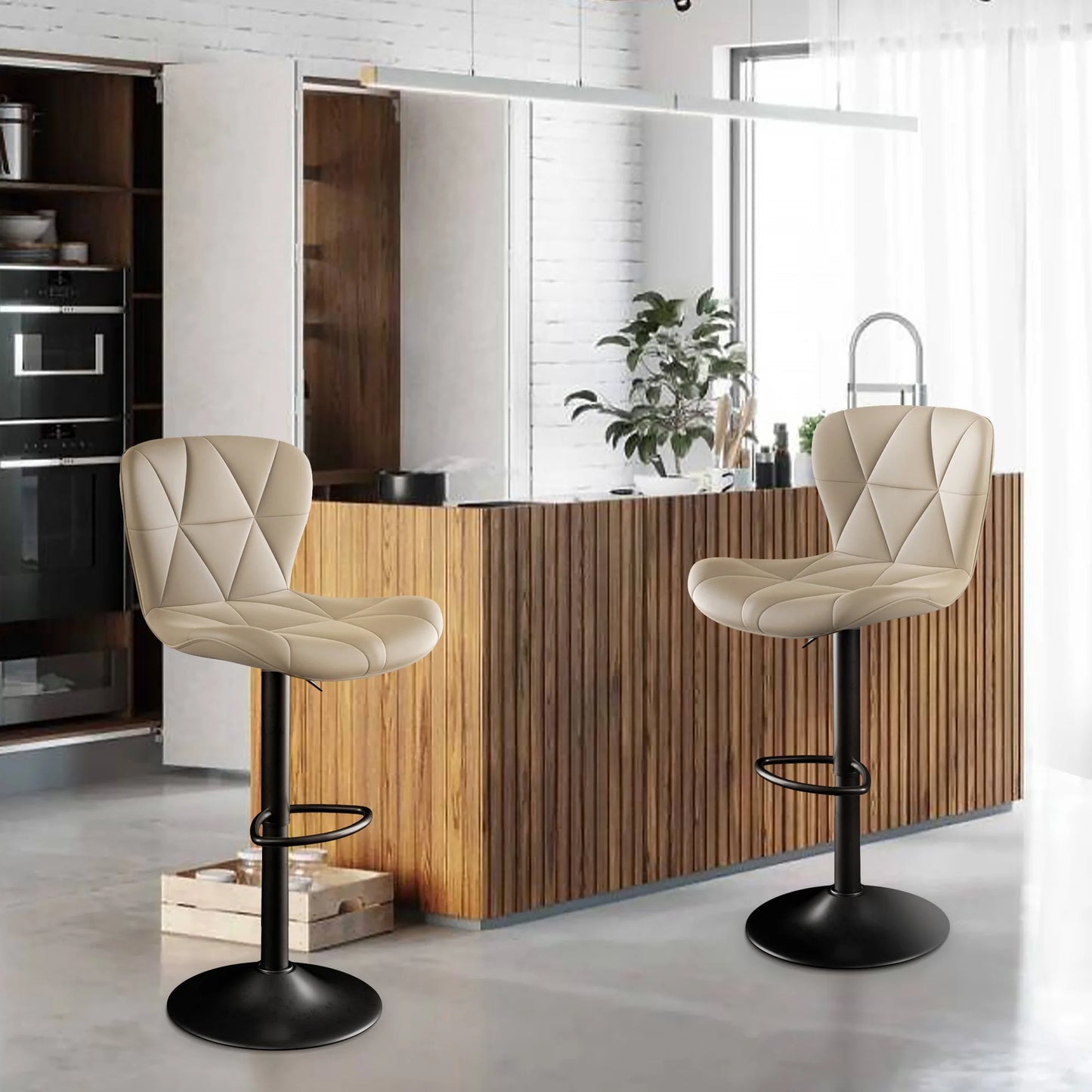 No-EN-Name-Null 2 PCS Waterproof Low Backrest Armless Upholstered Padded Shell Shaped Soft Faux Leather Fabric Seat Cushion Black Metal Round Base-Footrest Bar Kitchen-Dining Room Chair Sets /Colors-White/Beige/Gray/Black/Brown