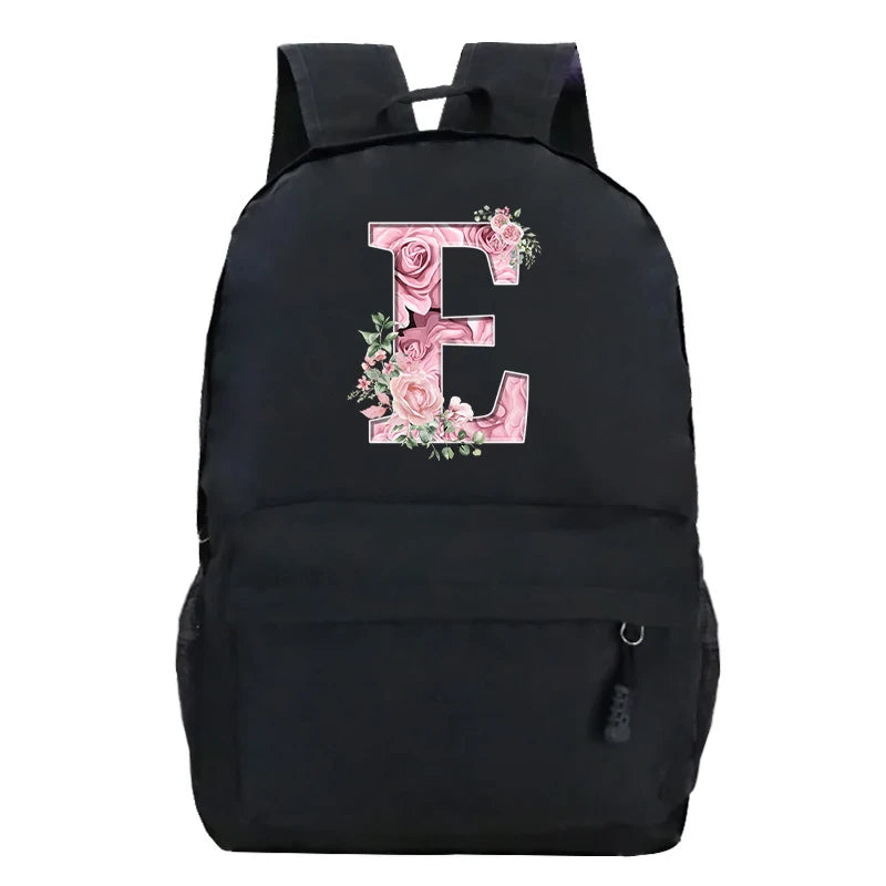 No-EN-Name-Null Waterproof Large Black Softback Nylon Fabric Printed Floral Pink Rose First Name Initial Letter Curved Back Zipper Canvas Lining Built-In Laptop Compartment Shoulder Straps-Handle Zippered External Pockets School Backpacks