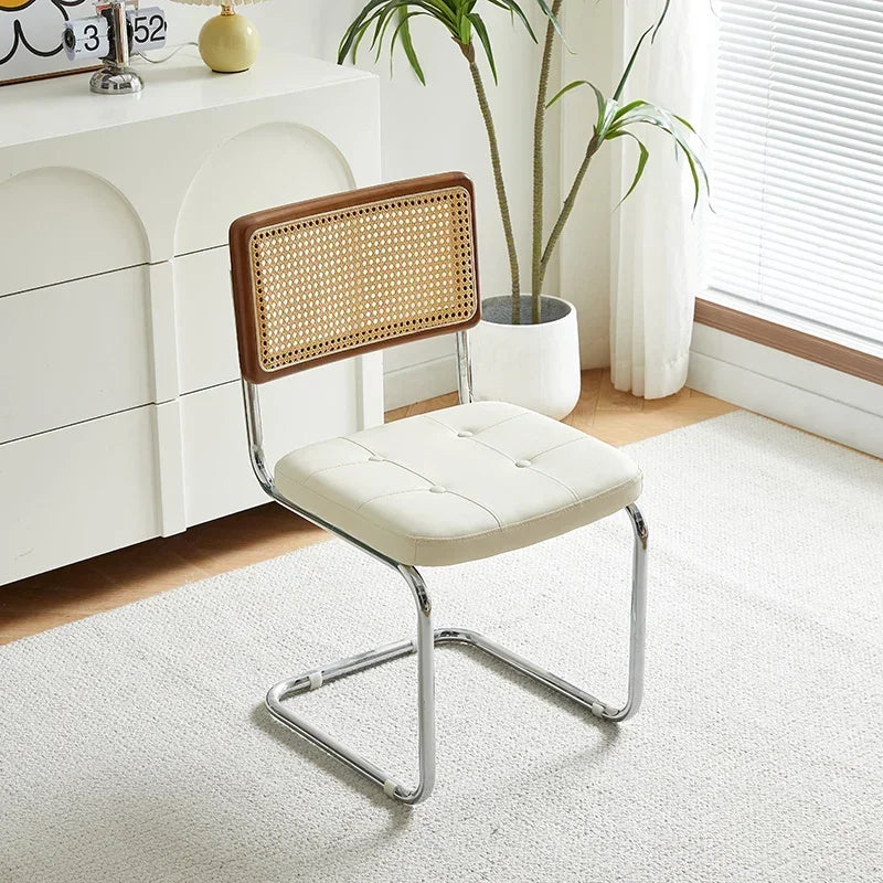 No-EN-Name-Null Nordic Armless Woven Rattan Brown Solid Wood Beige Meshed Hard Backrest-Faux Leather Seat Cushion Silver Stainless Steel Metal Frame-Legs Kitchen-Dining Room Chairs/Colors-Brown/Green/Black/Gray/Orange