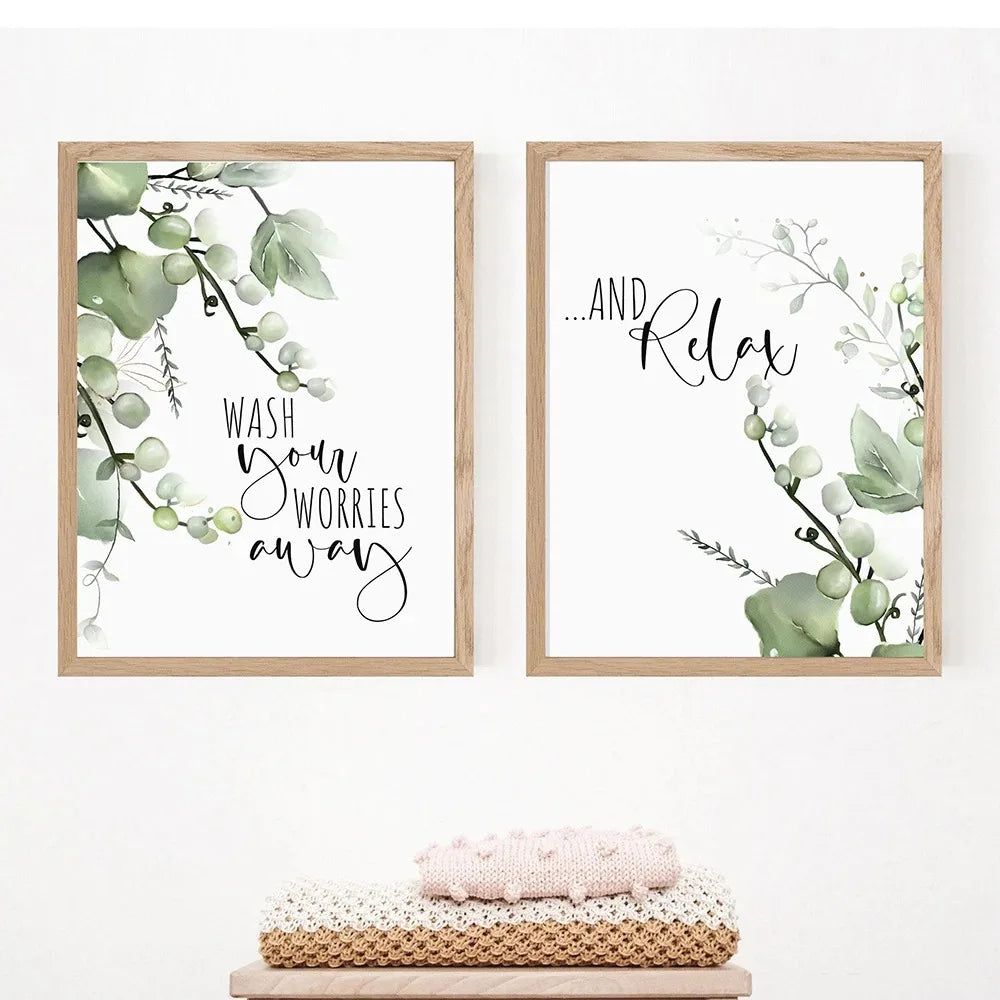 No-EN-Name-Null Modern Waterproof Customized Size Unframed Rectangle HD Hand Printed Green Tropical Leaves Design Black Letter Writing Saying-Wash Your Worries Away-Relax-Bathroom Quote Wall Art Prints/Colors-Green/White/Multicolor/Floral
