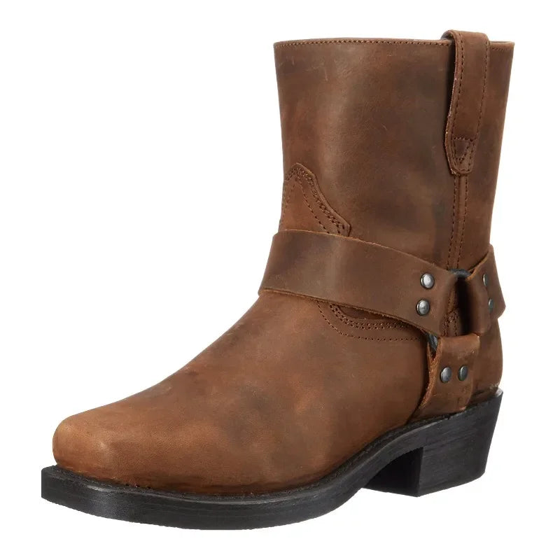 QUEZHOU Adult Men Black-Brown Round Toe Handmade Mid Calf Slip-On Leather Rubber Outsole Western Riding Boots/Sizes: 7-7.5-8-8.5-9-9.5-10-10.5-11-11.5-12