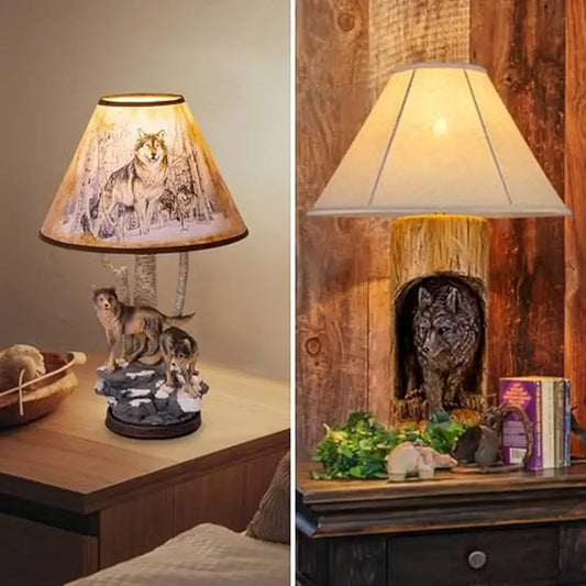 LED Light Rustic Brown Linen Shade Resin Wolves In The Wild Sculpture Wood Table Base Desk Lamps
