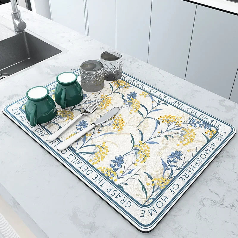 Kitchen Long Rectangle Customized Rectangle Anti-Mold Super Absorbent Anti-Slip Rubber Bottom Drying Dish Drainer Mats /Colors-Black/ Gray/ Beige/White/ Floral