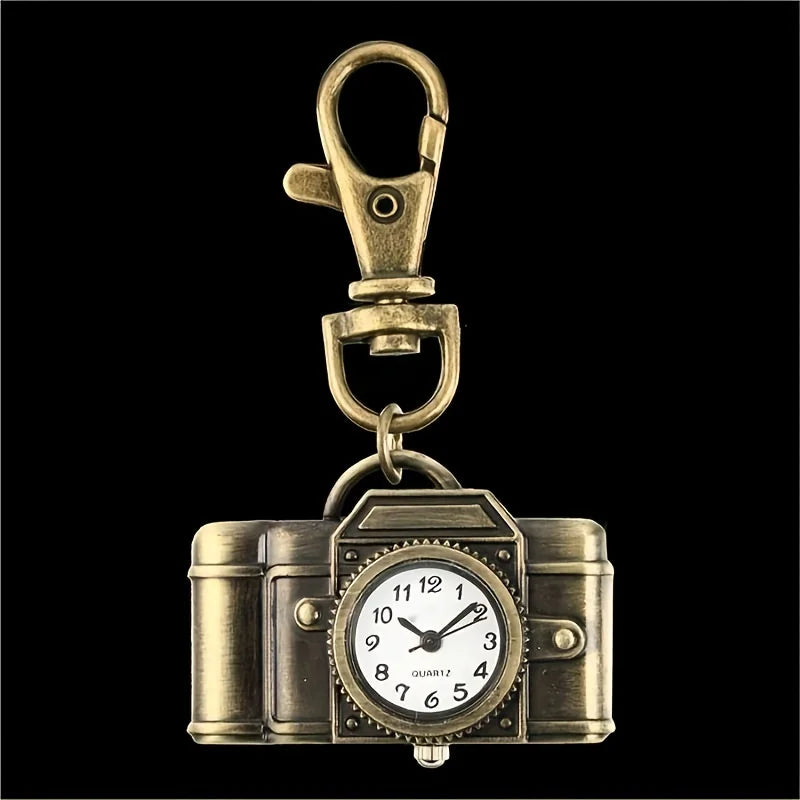 No-EN-Name-Null All Ages Adults Classic Antique Quartz Analog Display Brown-Bronze Cute Cartoon Retro Camera Shaped Design Backpack Keychain Pocket Watches