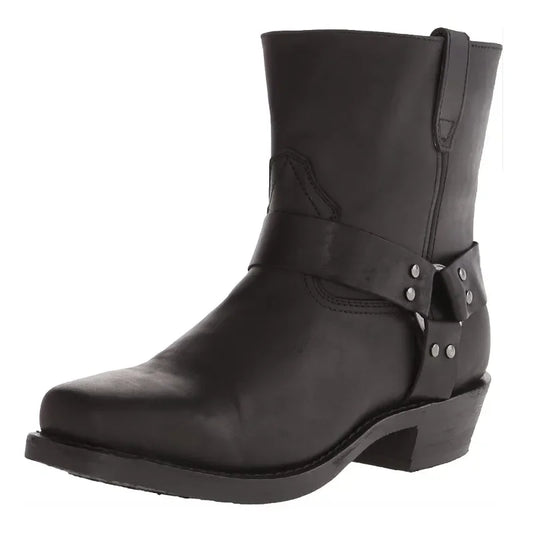 QUEZHOU Adult Men Black-Brown Round Toe Handmade Mid Calf Slip-On Leather Rubber Outsole Western Riding Boots/Sizes: 7-7.5-8-8.5-9-9.5-10-10.5-11-11.5-12