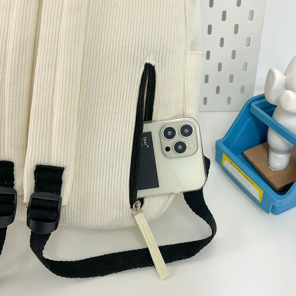 VKTECH Women Lightweight White Corduroy Charming Butterfly One Big-Three Small Black Bowknots Design Zippers Single Compartment Polyester Lining Shoulder Straps-Handle External Pockets School Backpacks/Colors-White/Black/Beige