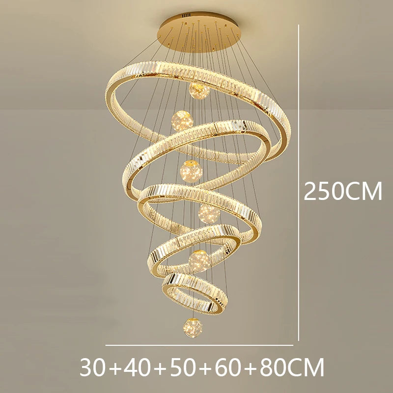 Modern Stainless Steel LED Warm Cool Twisted Ring Cord Pendant Hanging Crystal Chandelier Ceiling Lights/Dimming Remote Control/Touch On-Off/Colors-Gold/Silver