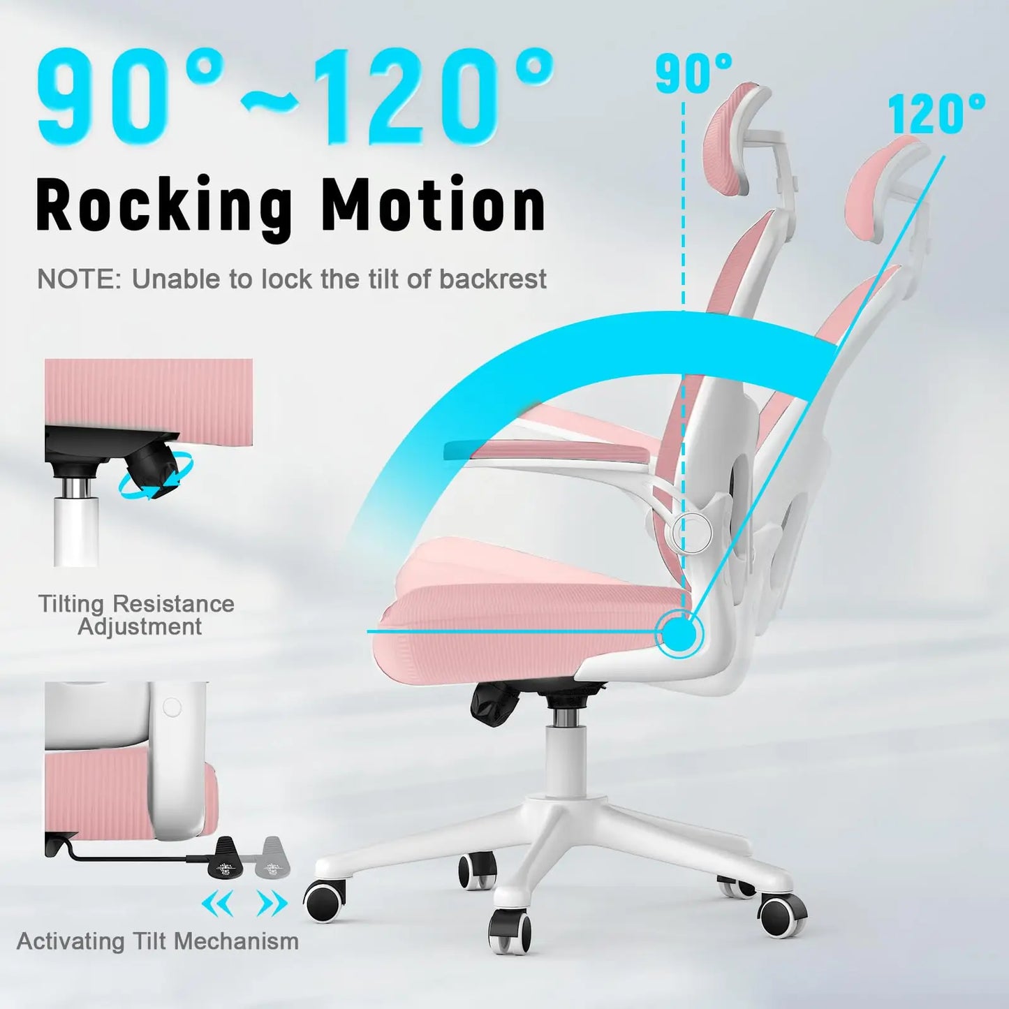 NASPALURO Pink Ergonomic Mesh High Back Flip-Up Armrest S-Shaped Curved Backrest-Five Adjustable Headrest-Foam Seat Depth-Lumbar Support White Aluminum Metal Base Gaming-Office Chairs/Colors-Pink/White/Black/ 4 Black Wheels