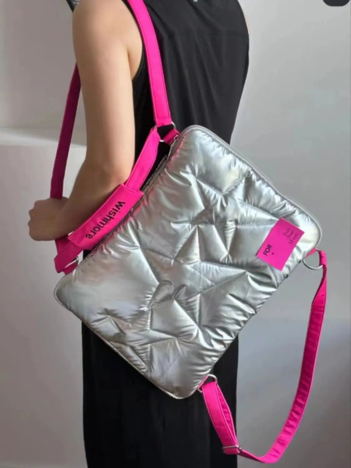 No-EN-Name-Null Modern Kids Waterproof Silver Rectangle Wish-More Single 14 Inch Laptop Compartment Zippered Polyester Lining  Cool Star Space Theme Design Crossbody Soft Adjustable Shoulder Pink Straps-Handles Laptop Backpacks