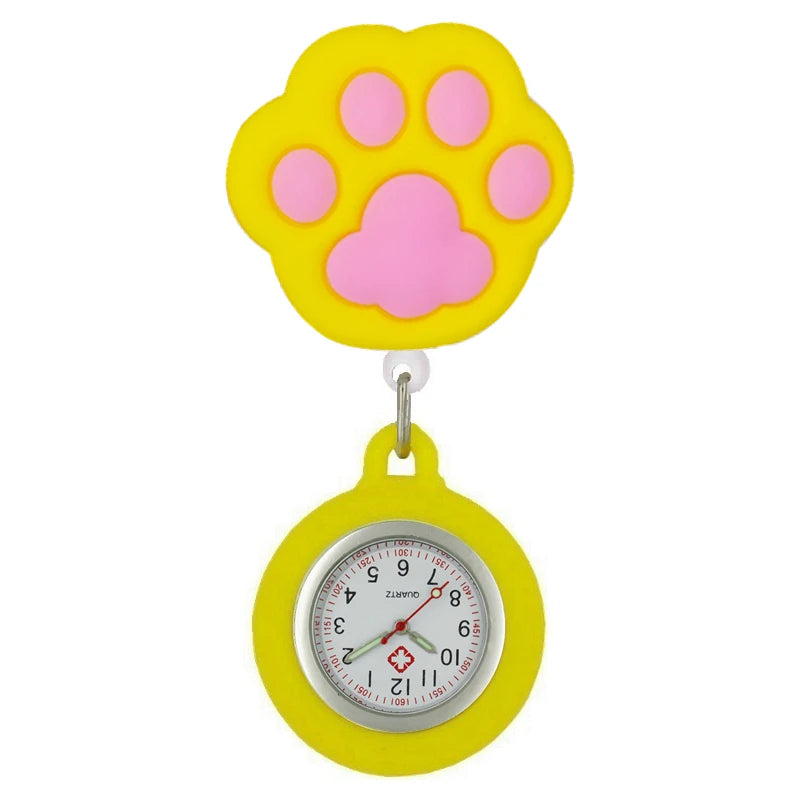 No-EN-Name-Null Adults Waterproof Cartoon Pink Big Cat Paw Metal Alloy Case Arabic Numeral Analog Display Clip-On Nurses-Doctors Fob Hanging Pocket Watches/Colors-White-Black Cat Heads/Yellow-Black-Pink Paws