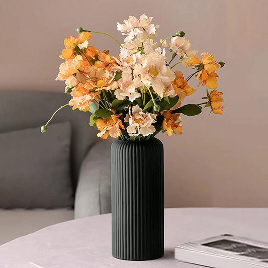 Striped Cylindrical Ceramic-Like Plastic Vases/Colors-White/Black
