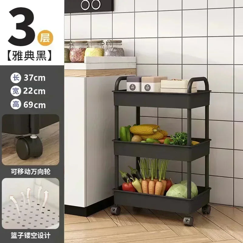 3-5 Tiers Plastic Kitchen Shelves Storage Caddies/4 Wheels/Colors-White/Black