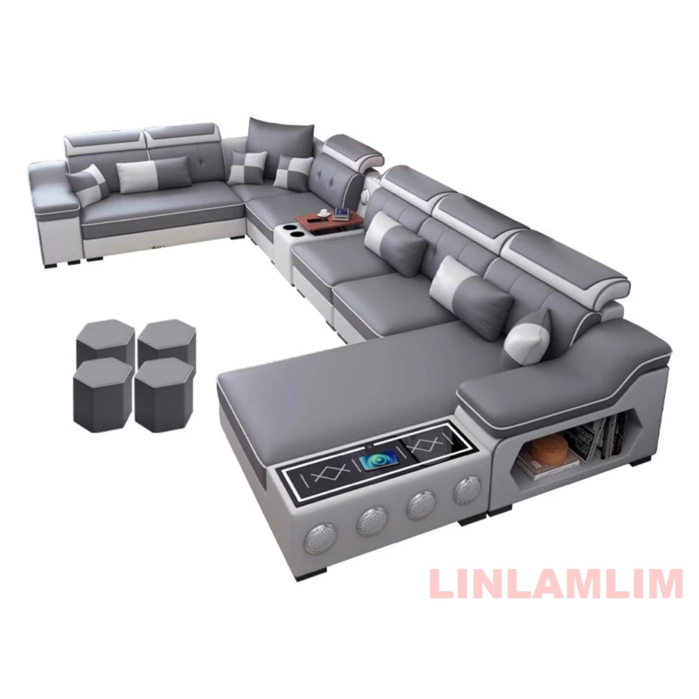 MANBAS Modern Gray U-Shape Corner Medium Firm Soft Comfortable Fabric Sectional Sofa Sets/ Chaise Lounge/ Bluetooth Speakers/ USB Charging Ports/4 Stools/Colors-Blue/Dark Blue/Dark Gray/Light Gray/Off White/Beige/NO Table