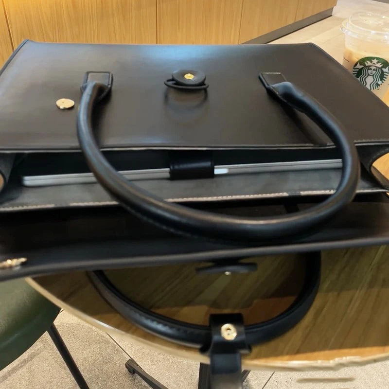 GZGUANDA Women Black Large Hasp Closure Soft Faux Leather Polyester Lining Engraved Letter Initials Built-In 15 Inch Computer Interlayer Pocket Two Shoulder Handles Straps Business Briefcases