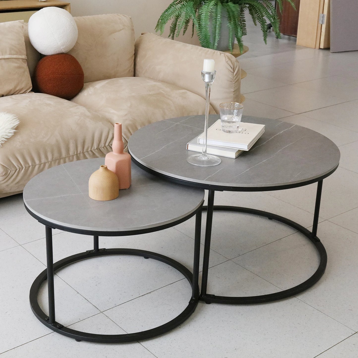 No-EN-Name-Null Modern Round Dark Gray Marble Top Black Iron Metal Base Two Nesting Coffee Tables/Small Table Size: Width 60 cm/23.6 Inches x  Height 40 cm /15.7 Inches/Large Table Size: Width 80 cm /31.5 inches x Height 45 cm /17. 7 inches