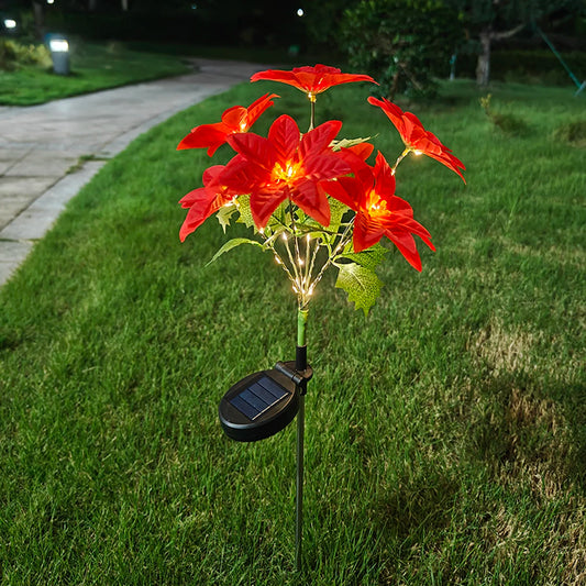 No-EN-Name-Null Outdoor Solar-Powered Warm White LED Red Christmas Poinsettia Flower Bouquet Holiday Stick Lights