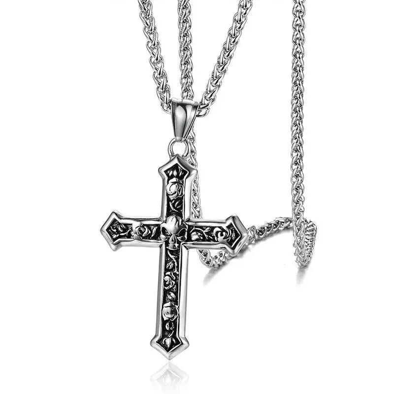 CY TRENDY Adult Men Fine Imitation Silver Stainless Steel Metal Gothic Skull Cross Pendant Box Chain Necklaces