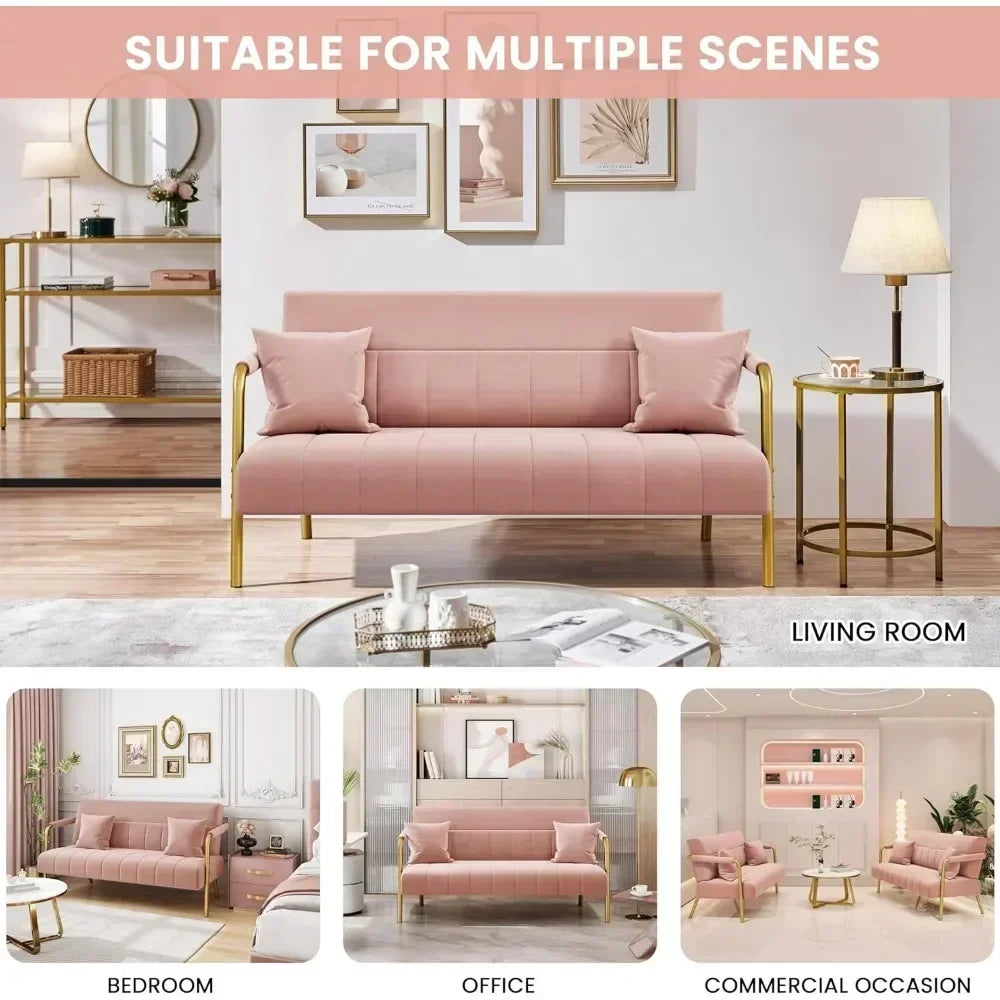 No-EN-Name-Null Modern Gold-Tone Iron Metal Padded Armrests-Legs Pink Soft Polyester Fabric Thick Cushion 2-Seater Loveseat Sofas/Colors-Green/Pink/Light Gray/Two Matching Pink Pillows/Weight Max : 600 LBS