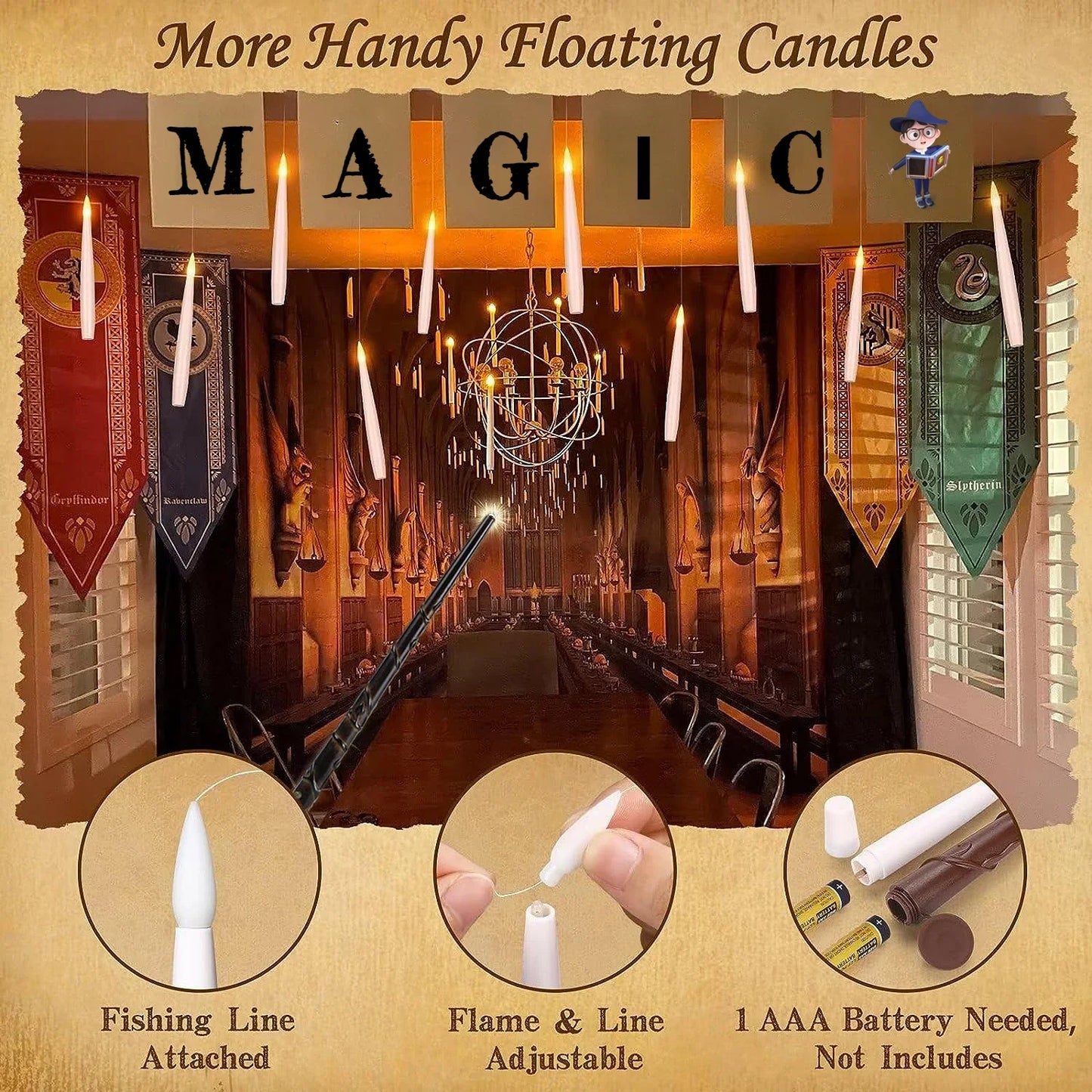 10-12 PCS Plastic LED White Cylindrical Magic Wand Remote Control Floating Flameless Candles/20m Fishing Line/10-12 Hooks/1 AA batteries (not included)/1 AAA battery (not included)