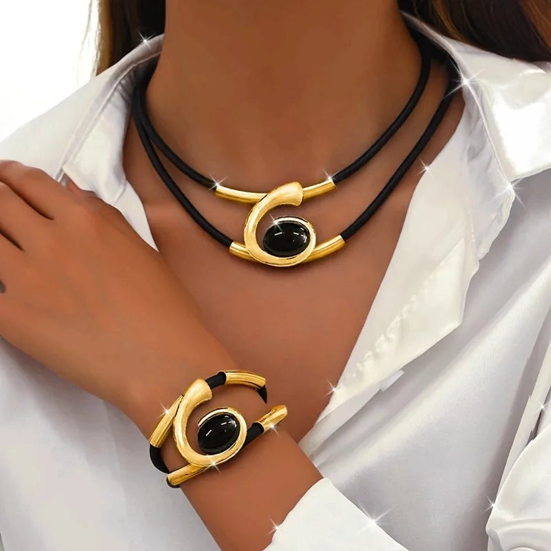 2 PCS Women Vintage Bohemian Acrylic Black Mood Stone Metal Gold-Silver Colored Geometric Spiral Imitation Pendant Necklace-Bracelet  Sets