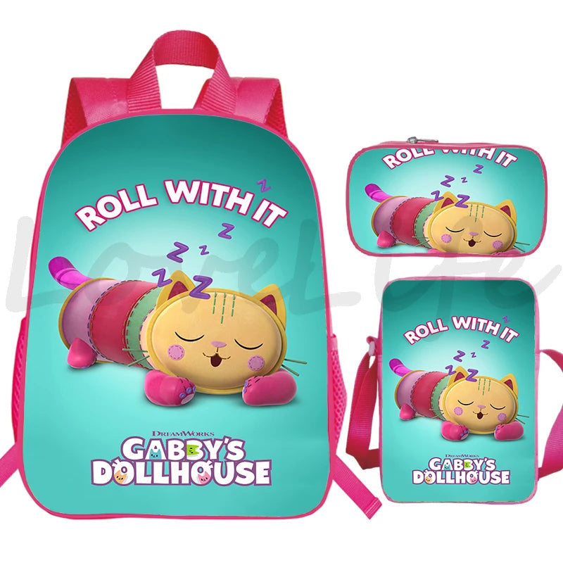 JUNBIE Kids Waterproof Pink Nylon Fabric Cute Cartoon Gabby's Dollhouse Design Zippers Curve Back Shoulder Straps-Handle Built-In Laptop Compartment External Pockets Backpacks/Colors-Pink/Multicolor