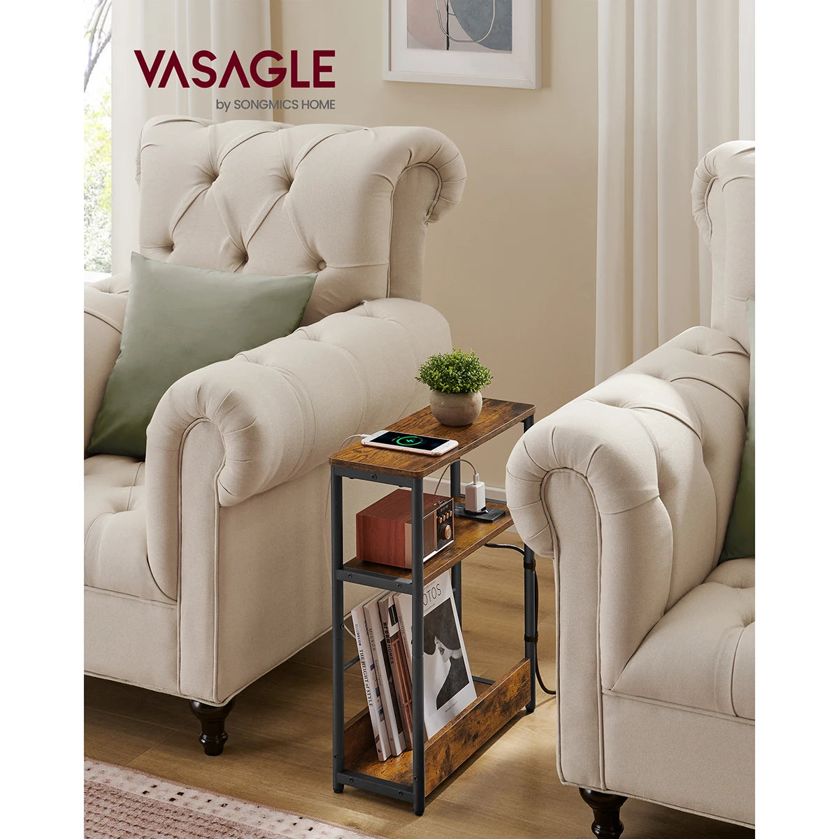 VASAGLE Rustic Brown-Black Metal Frame Slim Adjustable Height End Tables /Power Strip/2 Cable Ties/ 1 Mounting kit/ 1 Instruction Manual/Colors-Rustic Brown/Ink Black/Ivory/ Dimensions : 18 x 45 x 58 cm (P x L x H)
