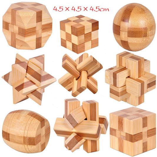 OLOEY Teens-Adults Kong Ming Lock Medium Hard Geometric Shaped 3D Disentanglement Brown-Beige Solid Bamboo Wood Brain Teaser Mechanical Puzzle Toys/Ages: 13-18 Years Old + Older/Colors-Brown/ Beige/Geometric