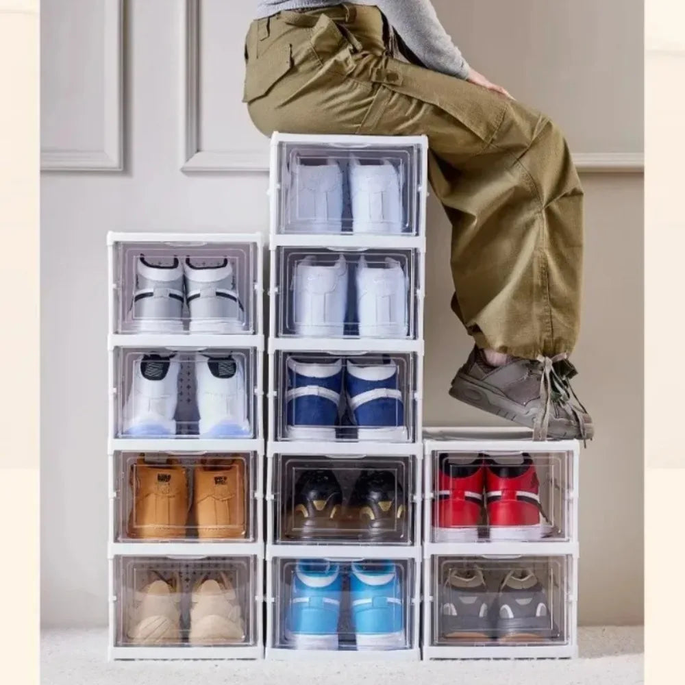 No-EN-Name-Null Modern 1-6 Tiers White Plastic Free-Standing Foldable Stackable Adjustable Transparent Clear Doors Integrated Shoe Racks/Storage Options