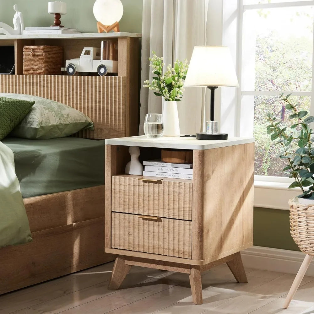 ANGDUO White Faux Marble Top-Fluted Oak Wood Earth-Tone Veins Nightstands/Charging Station 2 AC outlets- 2 USB ports  / 2 Drawers /Dimensions: 18"D x 18"W x 24"H/ Colors-Natural Oak, Dark Walnut, Dark Gray, Solid White