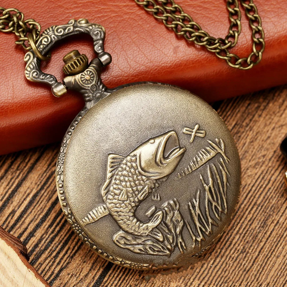 No-EN-Name-Null Adults Antique Quartz Analog-Digital Display Silver-Gold Fisherman Rod-N-Reel Catching A Gold Fish Embossed Text Fishing On Bottom Chain-Pocket Watches/Colors-Yellow/Brown/Orange/Gold/Black/White/Grey/Silver