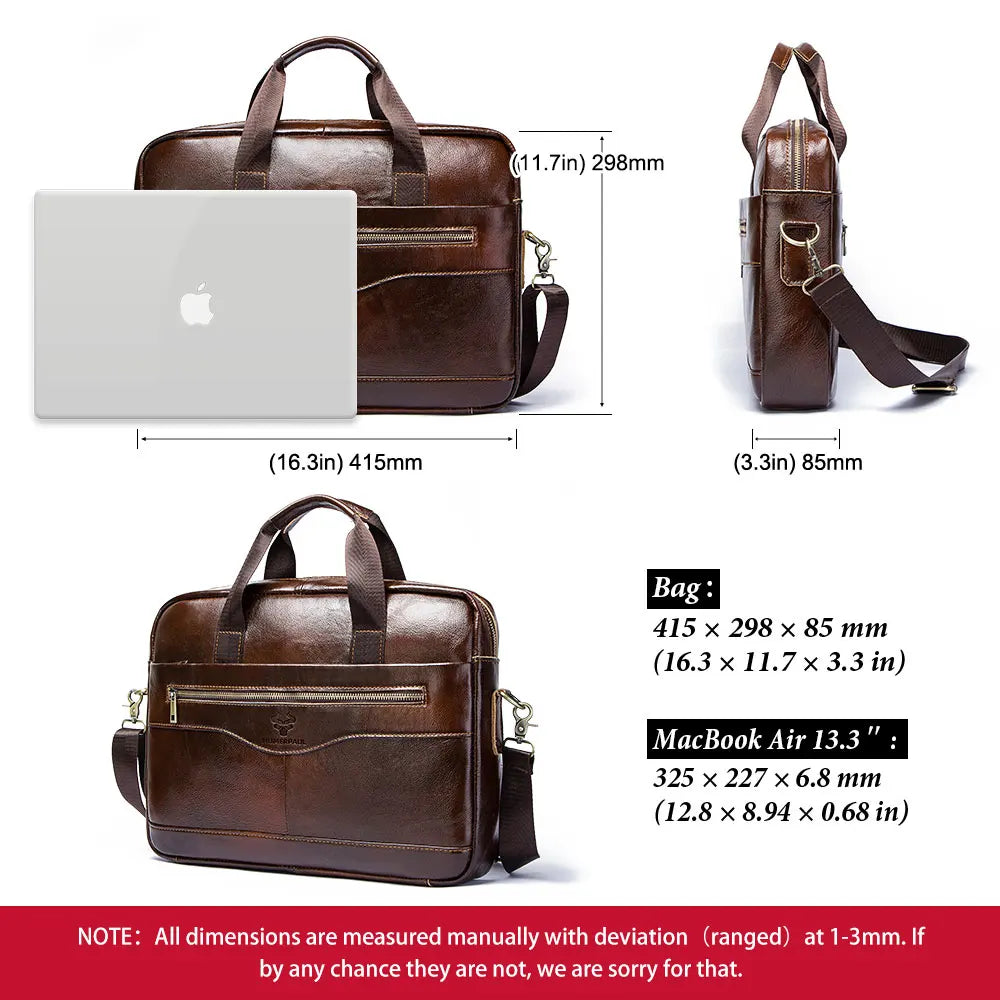 HUMERPAUL Men Modern Brown-Black Rectangle Cowhide Leather Metal Zipper External Pockets Polyester Lining Built-In 15 Inch Laptop Compartment Two Soft Handles-One Shoulder Strap Business Briefcases