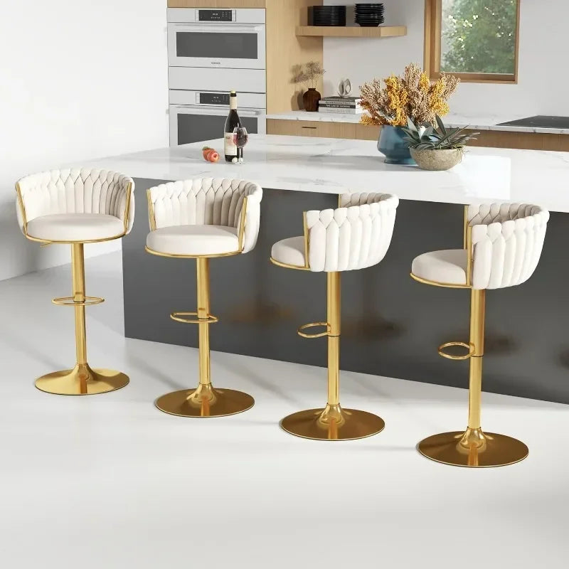 No-EN-Name-Null 4 PCS Modern Black Swivel Woven Low Backrest Soft Upholstered Velvet Seat Cushion Adjustable Height Gold Round Metal Base Non-Slip Rubber Ring Bottom Barstool Sets/ Colors-4 pcs Rose Red/4 pcs Beige/4 pcs Black/4 pcs Gray
