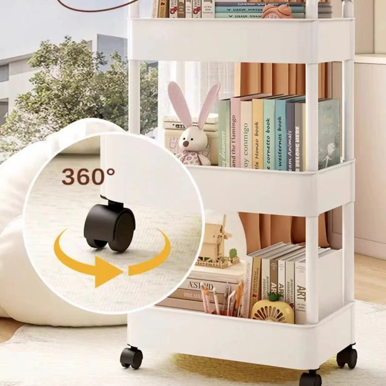 Kitchen 2 Handles Plastic 3-4 Tier Shelves White-Black Storage Utility Carts/ 360 Degrees Rotation/ 2 Easy Lockable Plastic Wheels