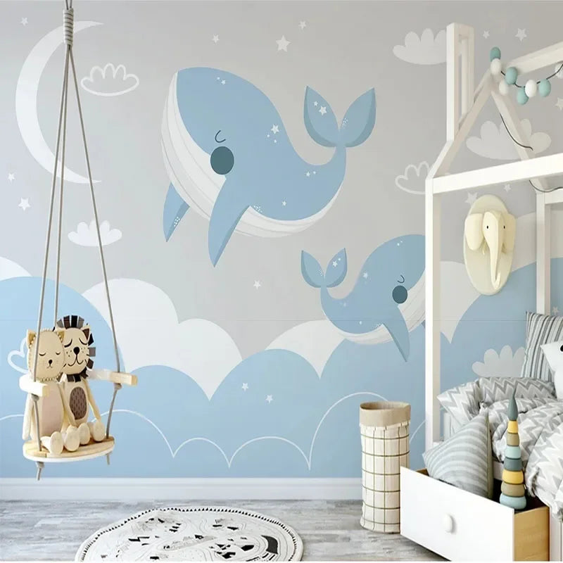 JIADOU Modern Kids Customized Waterproof Hand-Painted Mural White Half Moon-White Clouds-Blue Starry Night Sky-Two Blue-White Whales-Swimming In The Ocean Design Wallpaper/Requires Paste