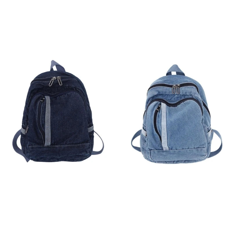 BAELLERRY Light Blue-Deep Blue Denim Jeans Fabric External Metal Zippers-Pockets Canvas Lining One Handle-Two Adjustable Shoulder Straps Large Main Compartment School Backpacks/Water Bottle Holder